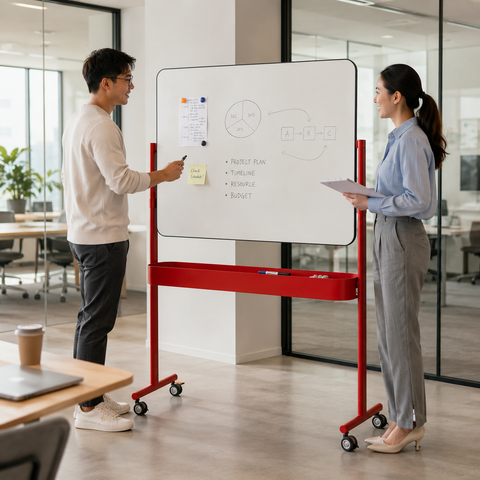 Office Portable Red-Frame Whiteboard Stand with Caster Wheels & Integrated Soundproof Accessory Tray