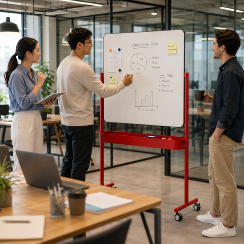 Office Portable Red-Frame Whiteboard Stand with Caster Wheels & Integrated Soundproof Accessory Tray