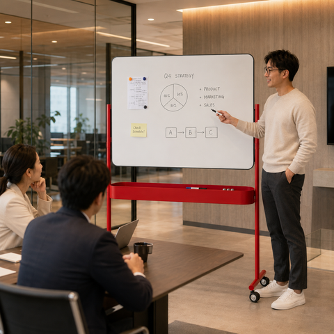 Office Portable Red-Frame Whiteboard Stand with Caster Wheels & Integrated Soundproof Accessory Tray
