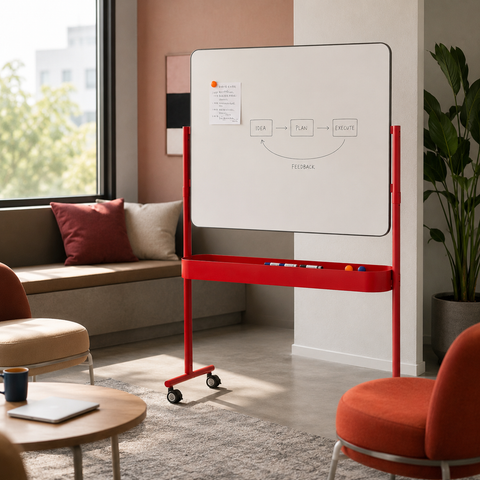 Office Portable Red-Frame Whiteboard Stand with Caster Wheels & Integrated Soundproof Accessory Tray