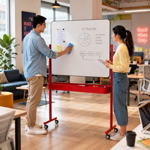 Office Portable Red-Frame Whiteboard Stand with Caster Wheels & Integrated Soundproof Accessory Tray