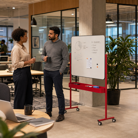 Office Portable Red-Frame Whiteboard Stand with Caster Wheels & Integrated Soundproof Accessory Tray
