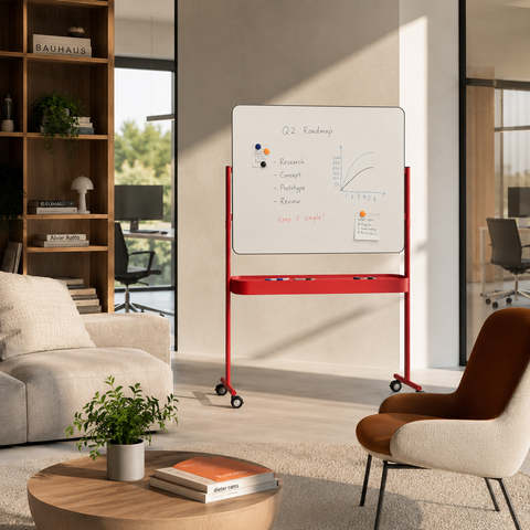 Office Portable Red-Frame Whiteboard Stand with Caster Wheels & Integrated Soundproof Accessory Tray
