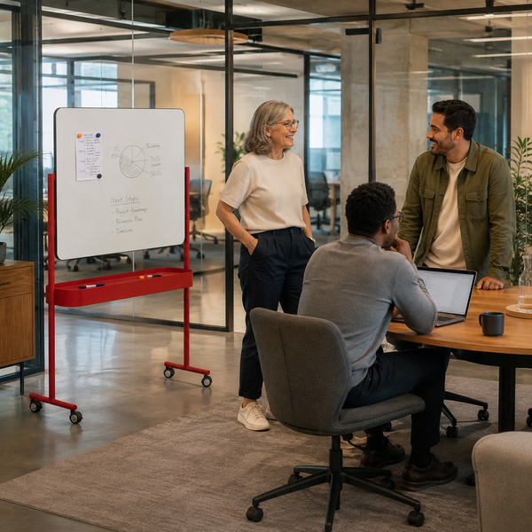 Office Portable Red-Frame Whiteboard Stand with Caster Wheels & Integrated Soundproof Accessory Tray