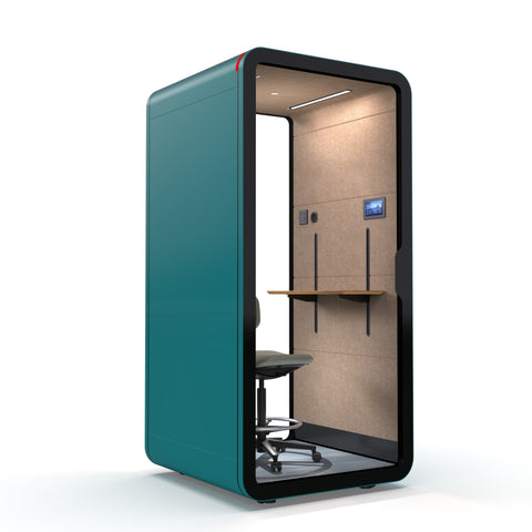 TFT Smart One-person Compact Phone Booth Teal Color with adjustable table Left Side view