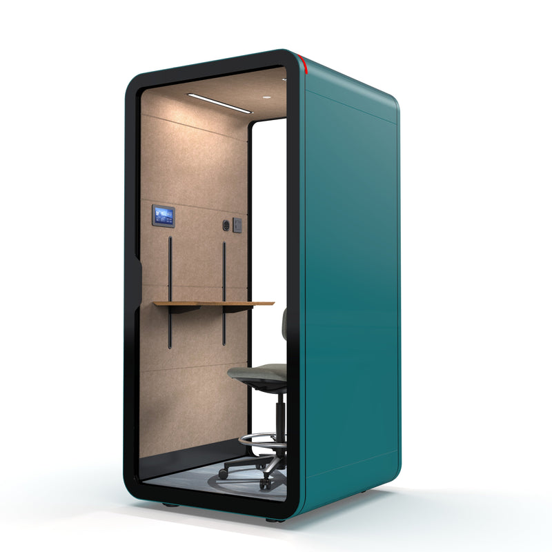 TFT Smart One-person Compact Phone Booth Teal Color with adjustable table Right Side view