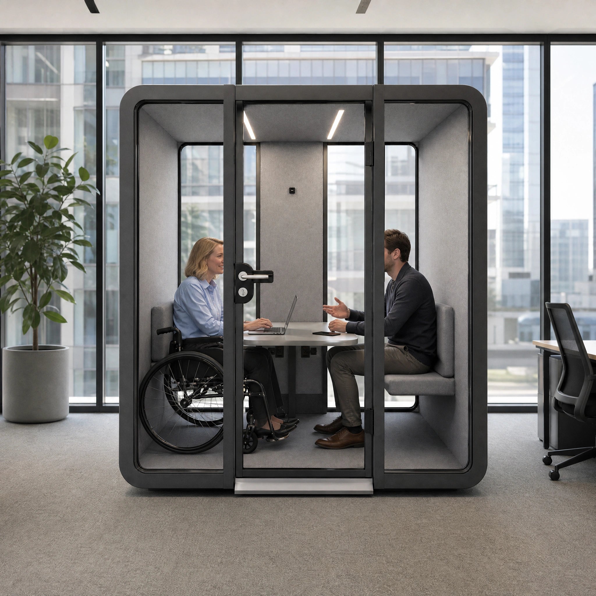 ADA Compliant Soundproof Office Pod For 4 Persons Wheelchair Inclusive Meeting Booth