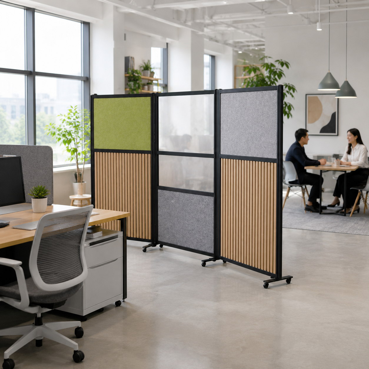 Office Divider – Movable Freestanding Screen with Acrylic, Whiteboard & Sound-Absorbing Grid