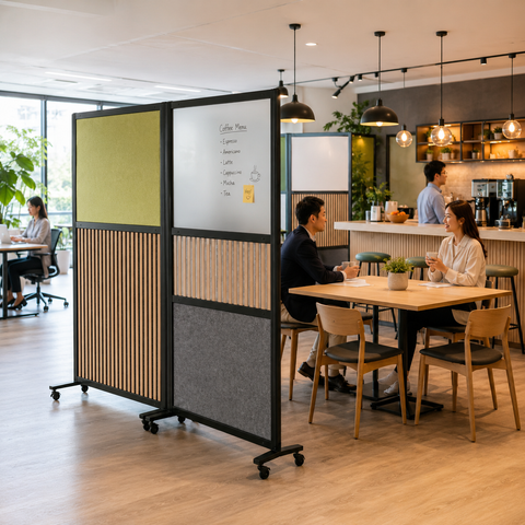 Office Divider – Movable Freestanding Screen with Acrylic, Whiteboard & Sound-Absorbing Grid