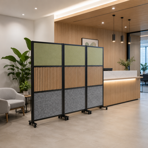 Office Divider – Movable Freestanding Screen with Acrylic, Whiteboard & Sound-Absorbing Grid