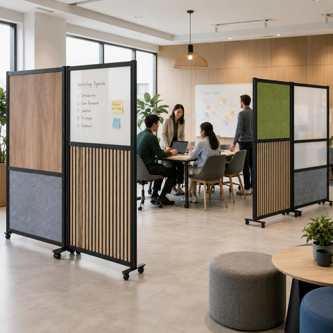 Office Divider – Movable Freestanding Screen with Acrylic, Whiteboard & Sound-Absorbing Grid