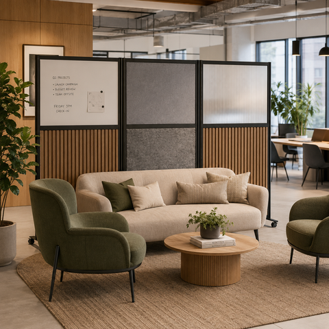 Office Divider – Movable Freestanding Screen with Acrylic, Whiteboard & Sound-Absorbing Grid