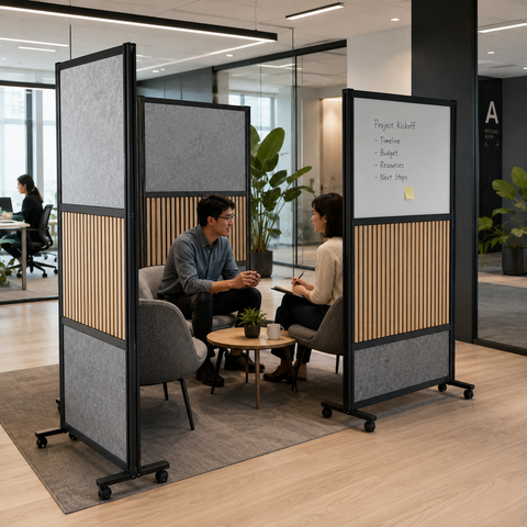 Office Divider – Movable Freestanding Screen with Acrylic, Whiteboard & Sound-Absorbing Grid